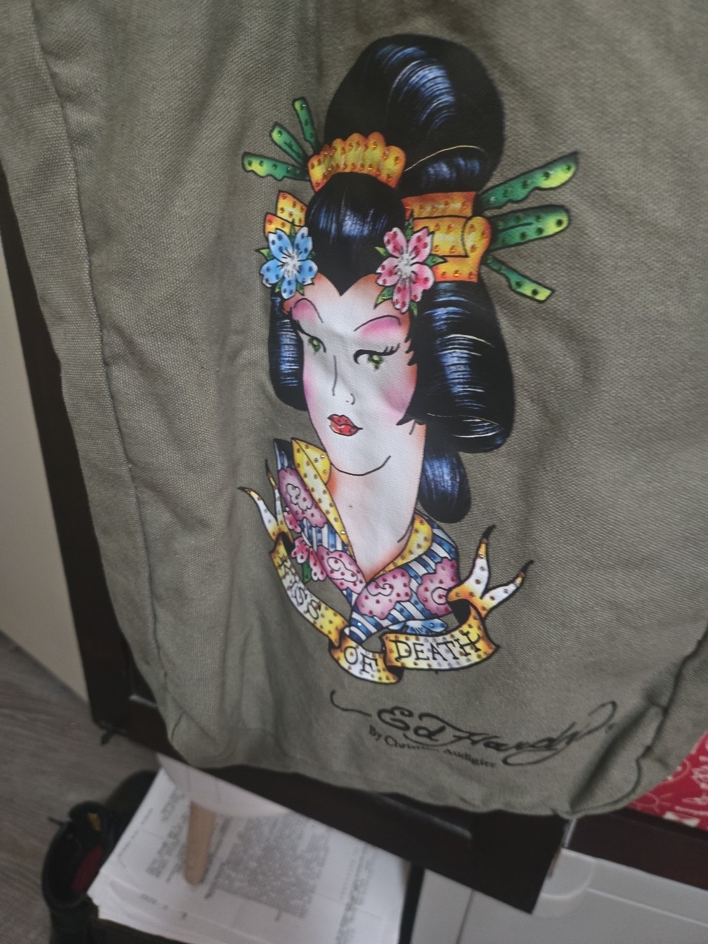 Ed Hardy Olive Green Women’s Tote with Geisha Graphic